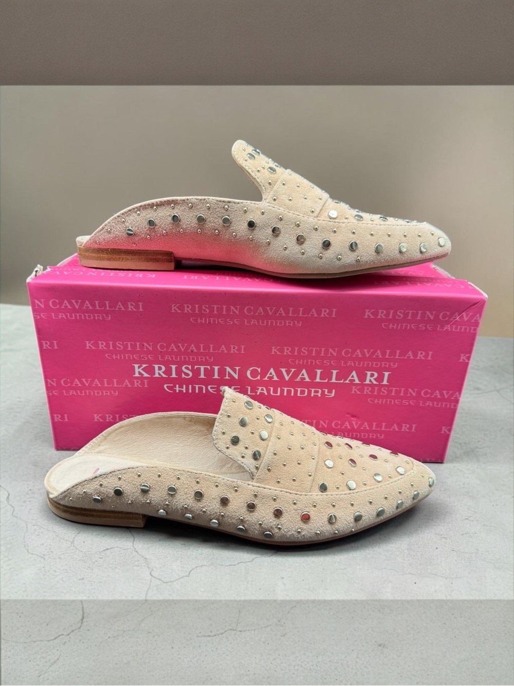 Kristin Cavallari For Chinese Laundry Charlie Kid Suede Tigers Eye Mules Sz 8.5